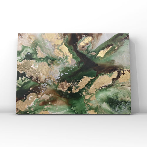 Jade painting, abstract painting in shades of green and brown with gold foil on a landscape canvas