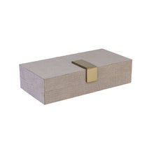 Side angled view of Andre Box. Grey snakeskin-textured faux leather and sleek gold embellishment.