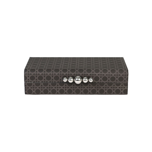 Front of Arden box with grey rattan pattern printed on dark grey faux leather and silver baubled hardware