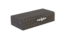 Side of Arden box with grey rattan pattern printed on dark grey faux leather and silver baubled hardware