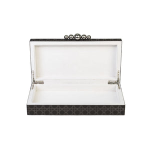 Front of open Arden box with grey rattan pattern printed on dark grey faux leather, silver baubled hardware and white suede inner lining