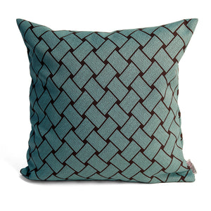 Front of Bella blue cushion cover with woven pattern in blue and dark brown