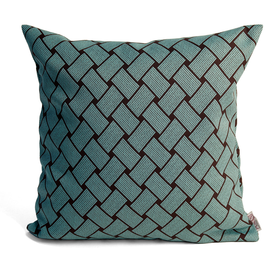 Front of Bella blue cushion cover with woven pattern in blue and dark brown