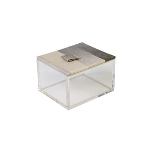 Side of Brac box showing clear acrylic sides and sandy pattern on fabric lid in beige and olive