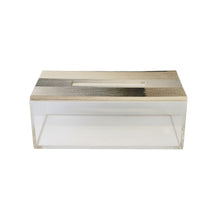 Front of Brac tissue box showing clear acrylic sides and sandy pattern on fabric lid in beige and olive