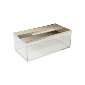 Side of Brac tissue box showing clear acrylic sides and sandy pattern on fabric lid in beige and olive