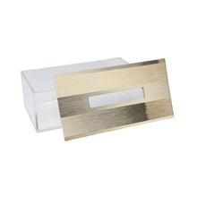 Front of open Brac tissue box showing clear acrylic sides and sandy pattern on fabric lid in beige and olive