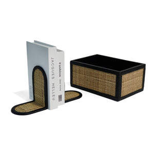 Leland box with matching black and rattan Burton bookends