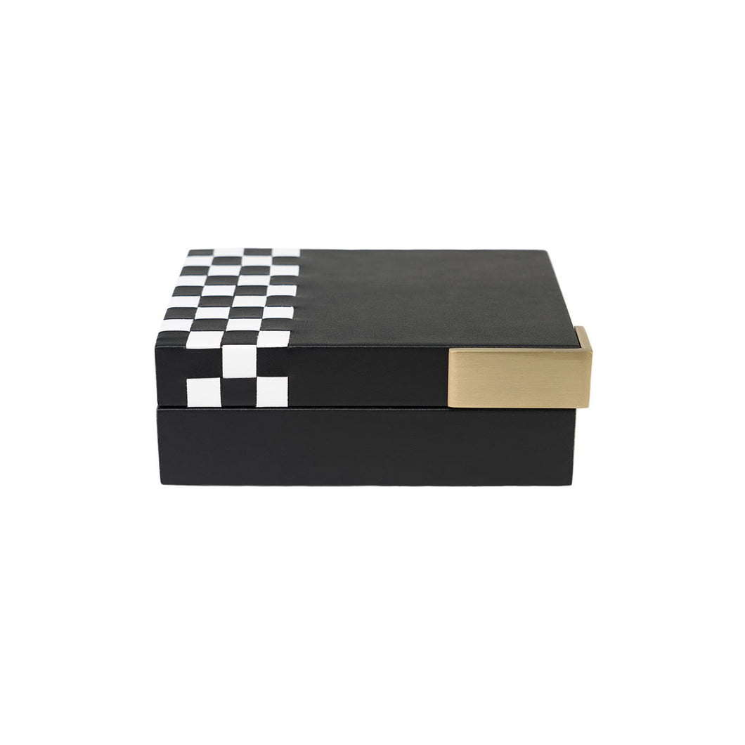 Front of black Campbell box with white checkered pattern on the side and gold hardware