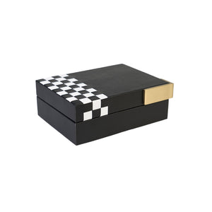 Side of black Campbell box with white checkered pattern on the side and gold hardware