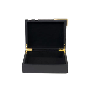 Front of open black Campbell box with gold hardware and black suede inner lining