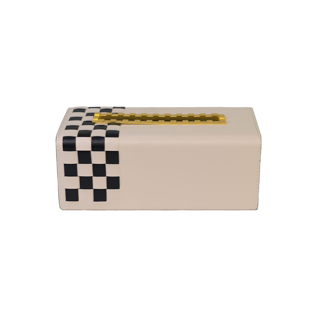 Front of beige Campbell tissue box with black checkered pattern on the side and indented gold opening