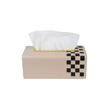 Front of filled beige Campbell tissue box with black checkered pattern on the side and indented gold opening