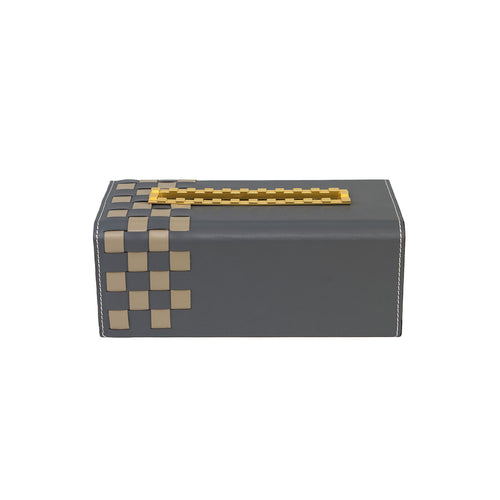Front of grey Campbell tissue box with beige checkered pattern and indented gold opening