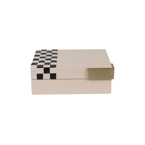 Front of Campbell beige box with black checkered pattern on the side and gold hardware