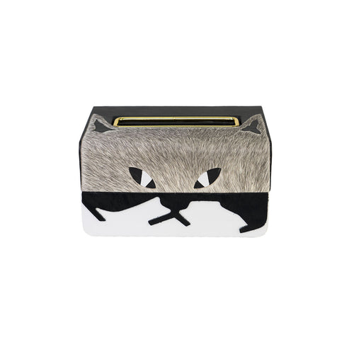 Front of Carson tissue box showing a cat's face design in grey and black faux leather and fur and gold opening