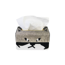 Front of filled Carson tissue box showing a cat's face design in grey and black faux leather and fur and gold opening