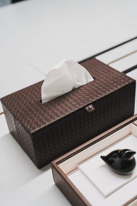 Closeup of brown Catania tissue box with brown Oscar organizer on a light grey office desk