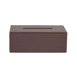 Front of Catania tissue box with all over woven pattern on dark brown faux leather
