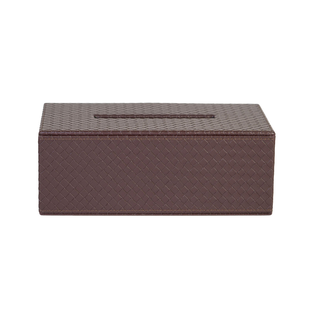 Front of Catania tissue box with all over woven pattern on dark brown faux leather