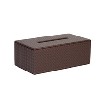 Side of Catania tissue box with all over woven pattern on dark brown faux leather