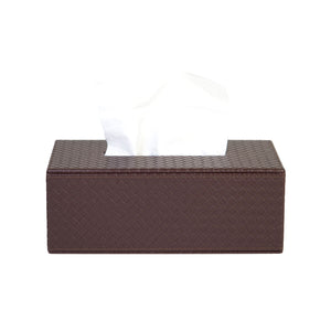 Front of filled Catania tissue box with all over woven pattern on dark brown faux leather