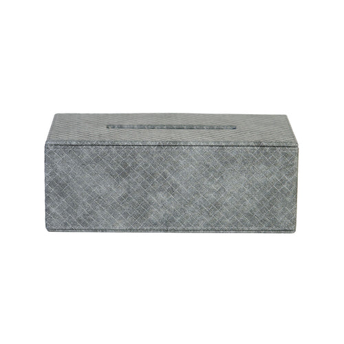Front of Catania tissue box with all over woven pattern on pebble grey faux leather