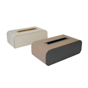 Silver & brown tissue box beside beige tissue box