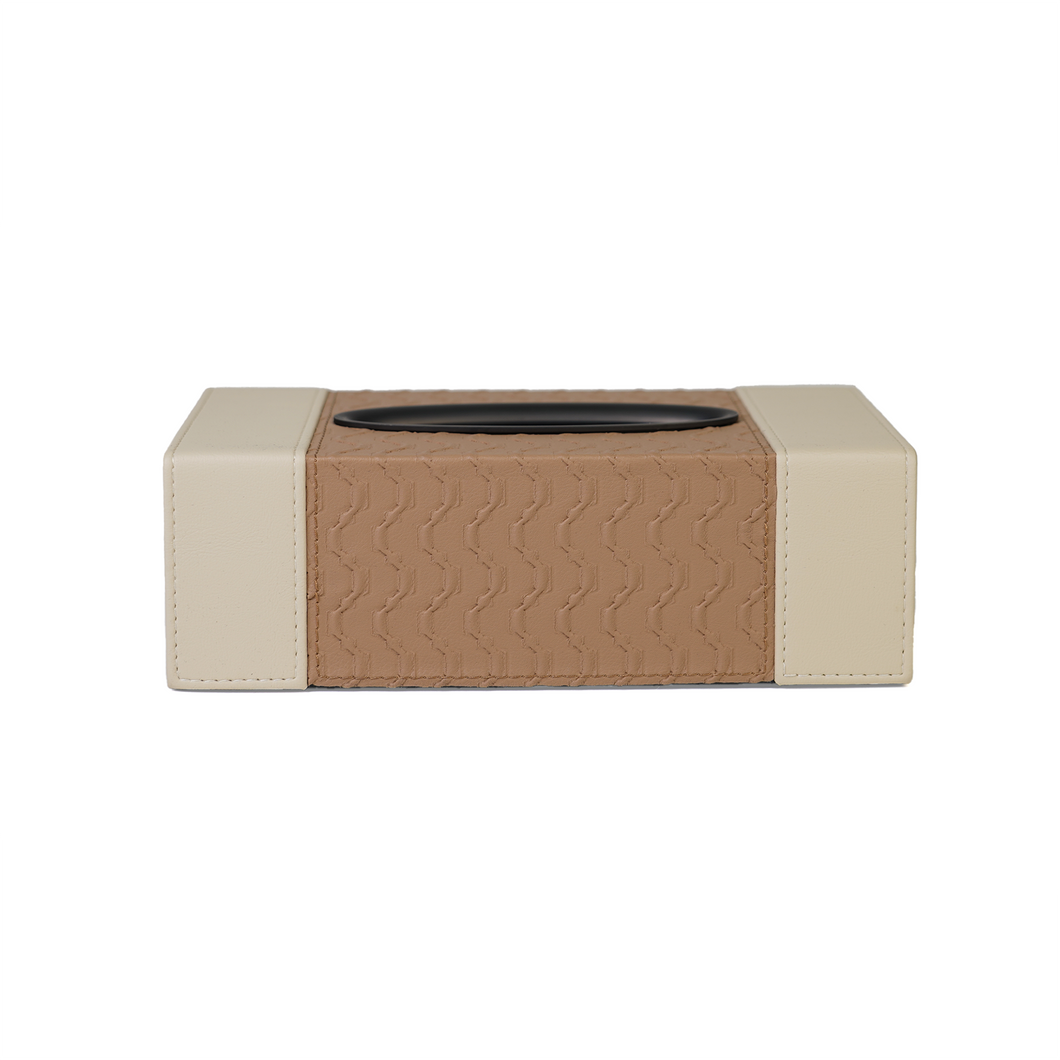 Front view of brown & beige tissue box