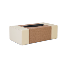 Side view of brown & beige tissue box