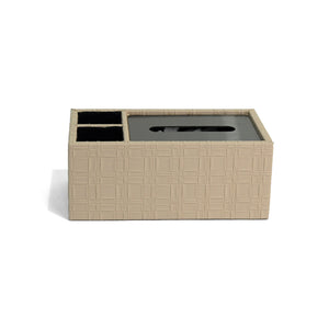 Front of Granada tissue box with beige weave patterned leather, dark silver lid and two compartments lined in black suede