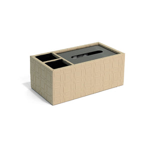 Side of Granada tissue box with beige weave patterned leather, dark silver lid and two compartments lined in black suede