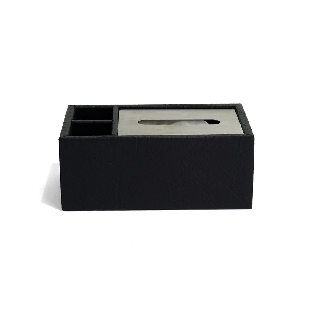 Front of Granada tissue box with black weave patterned leather, dark silver lid and two compartments lined in black suede
