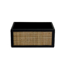 Front view of Leland box with black faux leather borders and woven rattan panels