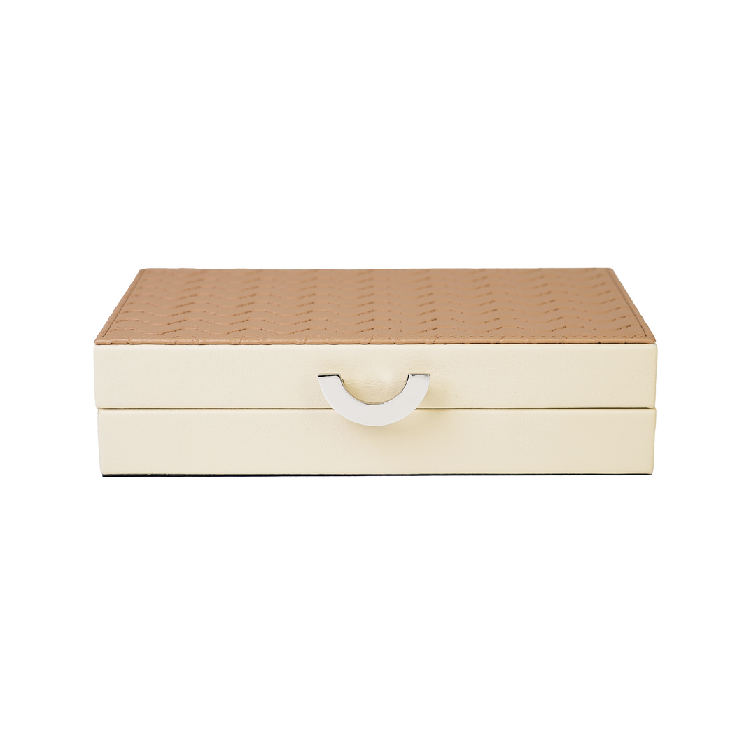 Front view of brown & beige box