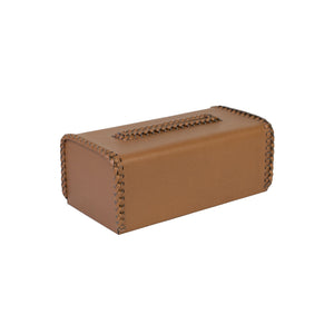 Side view of Quentin tissue box with smooth brown faux leather and woven leather borders and opening