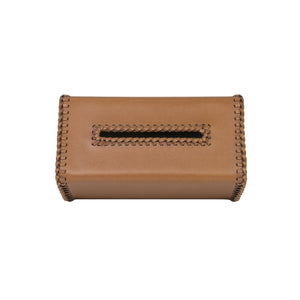 Top view of Quentin tissue box with smooth brown faux leather and woven leather borders and opening