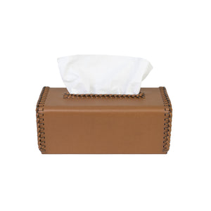 Front view of filled Quentin tissue box with smooth brown faux leather and woven leather borders and opening