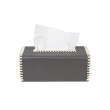 Front view of filled Quentin tissue box with smooth grey faux leather and cream woven leather borders and opening
