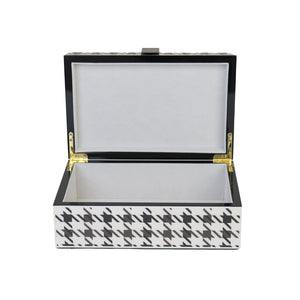 Front view of open Surrey box with black and white houndstooth pattern, dark silver and gold hardware and cream suede inner lining