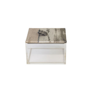 Front view of Trogir box with clear acrylic sides and sandy beige and brown pattern on fabric lid