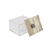 Front view of open Trogir box with clear acrylic sides and sandy beige and brown pattern on fabric lid