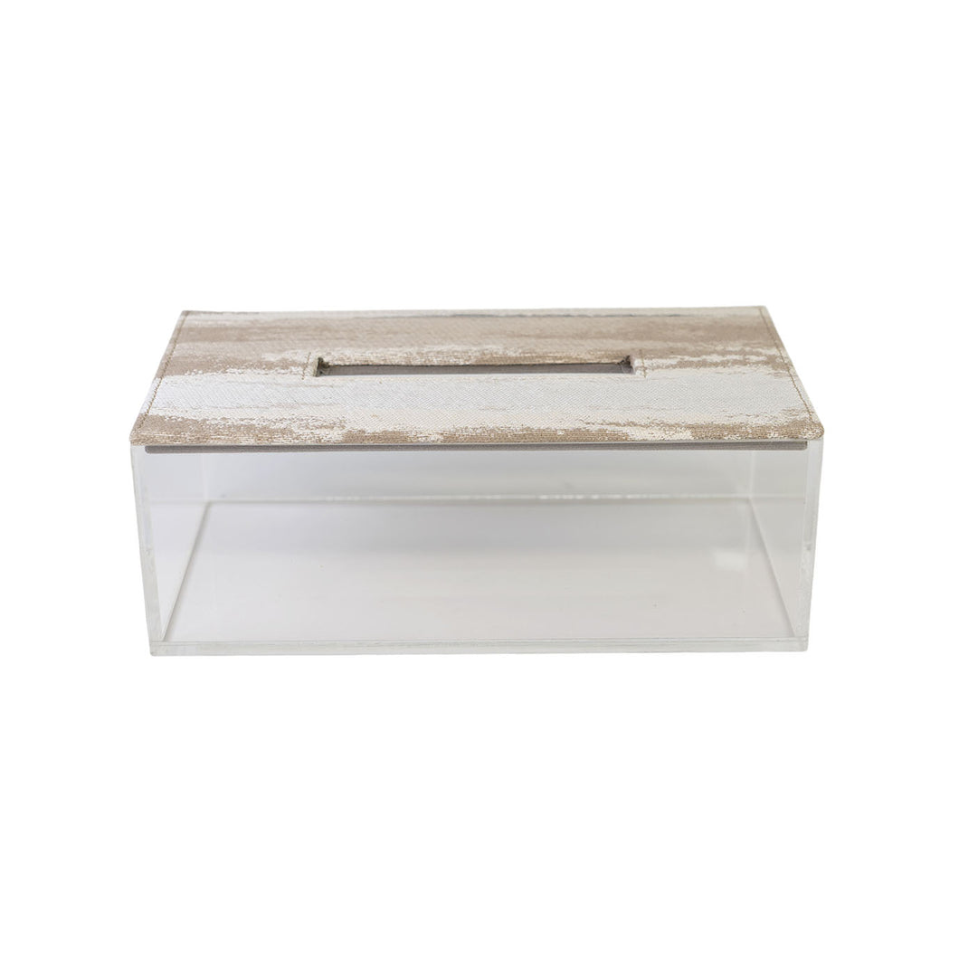 Front view of Trogir tissue box with clear acrylic sides and beige sandy patterned fabric on lid