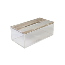 Side view of Trogir tissue box with clear acrylic sides and beige sandy patterned fabric on lid