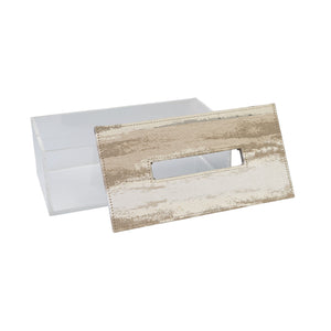 Front view of open Trogir tissue box with clear acrylic sides and beige sandy patterned fabric on lid