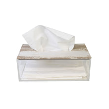 Front view of filled Trogir tissue box with clear acrylic sides and beige sandy patterned fabric on lid