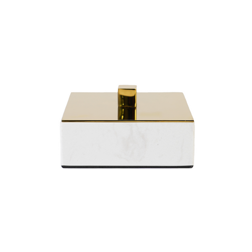 Front view of white & gold box