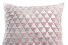 Closeup of front of Bijou pink cushion cover showing geometric triangular pattern in pink and silver
