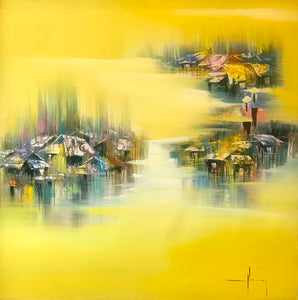 Acrylic painting depicting a scene of a sunrise in a Vietnamese village. Done in shades of bright yellow, teal, pink, blue and grey on a large square canvas.