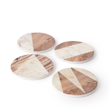 Set of four Aiden coasters with different white marble and wood geometric patterns